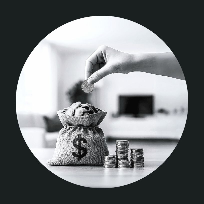 Hand holding a dollar coin above a bag of money.