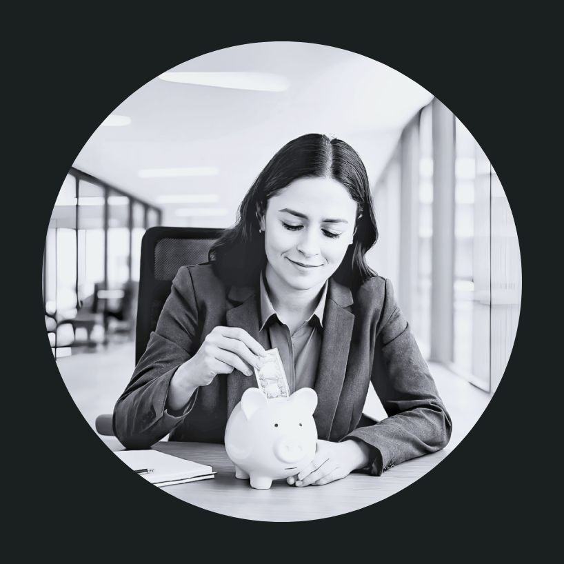 Business woman sitting at desk putting money into a piggy bank.