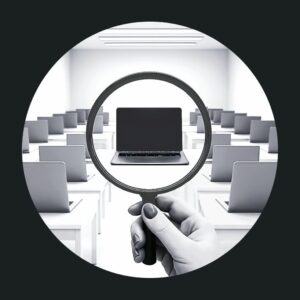 Magnifying glass doing a search of a room with several computers on desks.