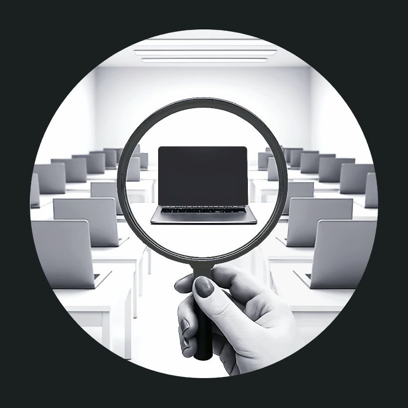 Magnifying glass doing a search of a room with several computers on desks.