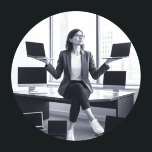 Business woman balancing a laptop in each hand with other laptops around her.